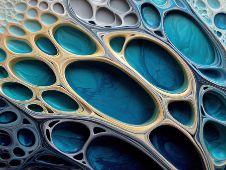 Abstract, organic art showcasing layered, cellular shapes in ocean-inspired huesの素材