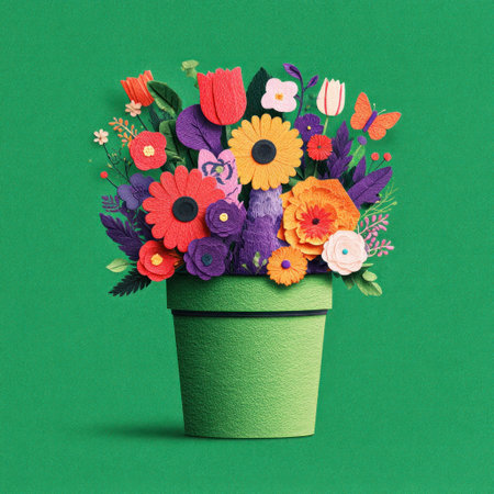 Colorful paper flowers in a green pot against a green background, whimsical and vibrantの素材
