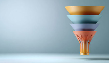 Four stacked, colorful bowls forming a funnel, floating against a gradient blue backgroundの素材