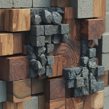 Close-up of a textural wall, mixing wood, stone, and concrete blocksの素材