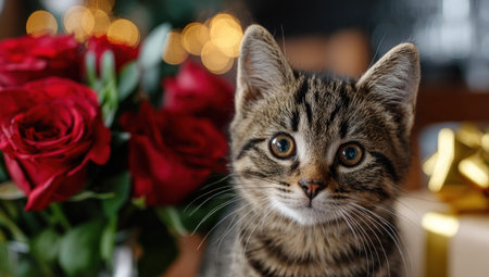 Cute tabby kitten gazes forward, framed by red roses and festive bokeh lightsの素材