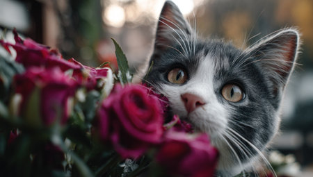 A curious cat peeks out from behind vibrant red roses, captured in a close-up shotの素材