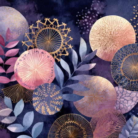 Watercolor floral design with gold accents, circular shapes, and deep indigo huesの素材