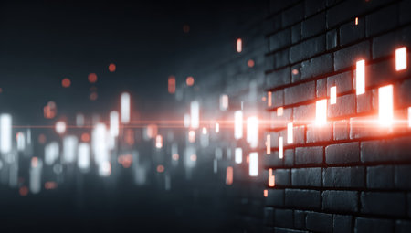 Lit abstract illustration of glowing rectangles emanating from a brick wallの素材