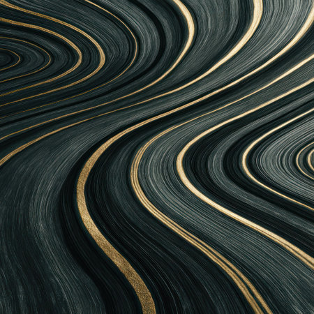 Swirling abstract dark teal and gold lines, creating a mesmerizing patternの素材