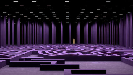 Purple interior with maze-like floor, towering pillars, and a distant golden doorの素材