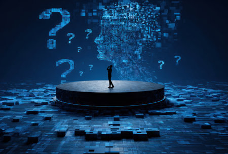A lone figure pondering a digital face and floating question marks on a futuristic stageの素材