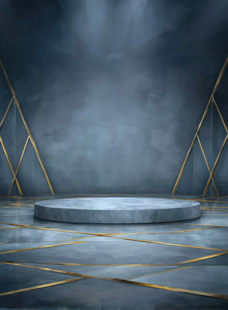 A sleek, modern stage with a circular platform set against a gray backdrop with gold linesの素材
