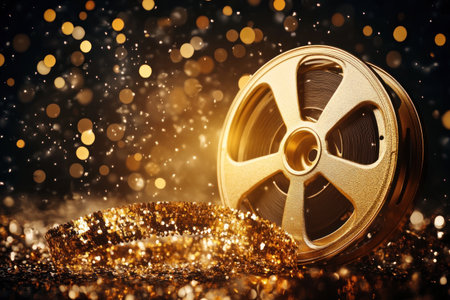 A golden movie reel on a sparkling background, symbolizing the film industry's global impact and its role in storytelling, filmmaking, and media production. --ar 3:2 --v 6.1 Job ID: 3380a381-de3d-4f46-b3ff-0881fdb4b01fの素材