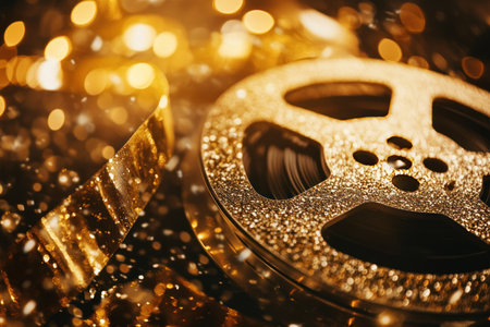 A golden movie reel on a sparkling background, symbolizing the film industry's global impact and its role in storytelling, filmmaking, and media production. --ar 3:2 --v 6.1 Job ID: 3380a381-de3d-4f46-b3ff-0881fdb4b01fの素材