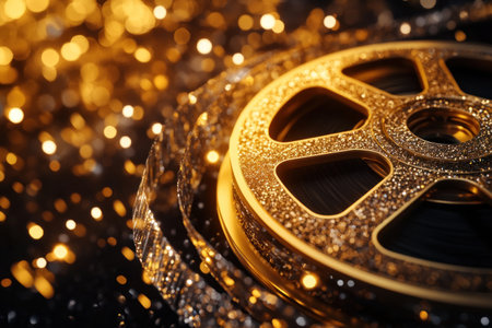 A golden film reel on a sparkling background, representing the powerful impact of cinema and video content marketing in advertising. The gold color symbolizes luxury and opulence, while the reel adds an artistic touch to convey the idea that your company can create incredible visuals for you through video animation services. --ar 3:2 --v 6.1 Job ID: 44fc12d6-8a1b-495b-a08f-fb0efabe11f6の素材