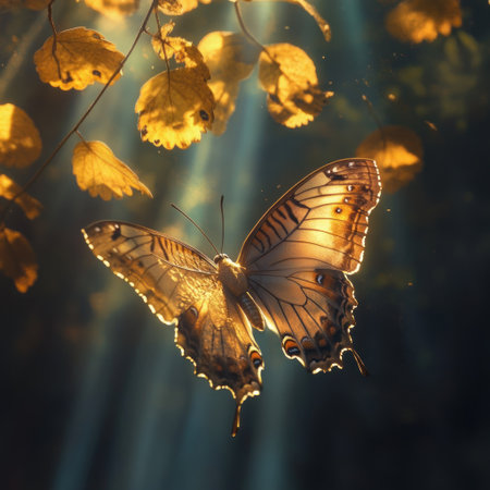 A butterfly in flight, illuminated by the golden rays of sunlight filtering through the leaves. This is an ultra-realistic photographic rendering. --v 6.1 Job ID: 913c0d06-48c6-407d-b544-e0f7e2873fbbの素材