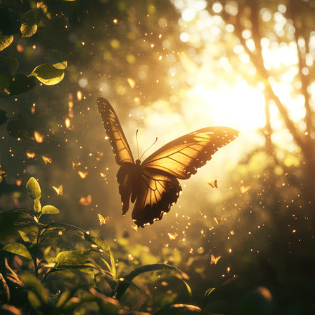 A butterfly is flying in the air, illuminated by sunlight filtering through leaves. The wings of the butterfly sparkle with golden light and black edges, in a 3D rendering style, with macro photography, backlighting, blurry background, delicate texture, delicate details, and natural colors, creating a mysterious atmosphere. In the natural environment, butterflies dance gracefully under the warm sunshine. The high-definition resolution captures every detail of the butterfly's wings. This scene evokes a sense of peace and happiness. --v 6.1 Job ID: 52ebf513-b60d-42bc-a0dc-7ca07b91f7f2の素材