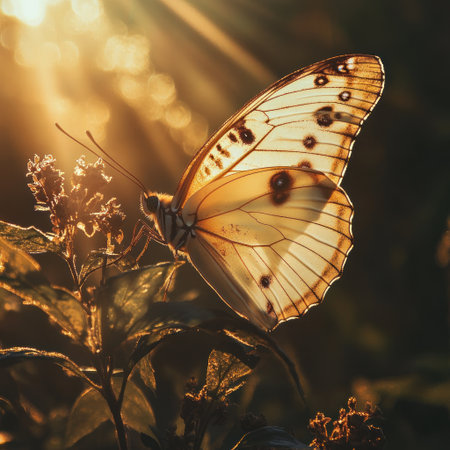A butterfly with its wings spread wide, illuminated by the golden rays of sunlight filtering through the leaves. Realistic photography in the style of a nature photographer. --v 6.1 Job ID: 3aeb1443-8e7b-4f55-8835-b71f0038a82dの素材