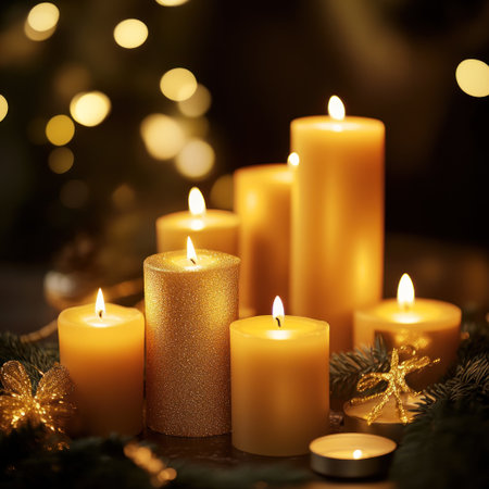 Candles, golden-colored candles, lit and placed on the table, surrounded by other candles of various sizes. The background is dark with some greenery in the foreground. It creates an atmosphere full of warmth and tranquility. --v 6.1 Job ID: 25df6d16-2e7d-4324-8076-801c8049f0f9の素材