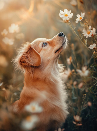A photo of an adorable dog with light brown fur, sitting in the midst of blooming flowers and looking up at something beautiful. The background is bathed in warm hues that enhance its cute appearance. This image captures the essence of cuteness and joy as it exudes love for life. This is an ultra-realistic photograph captured in high resolution. --ar 11:15 --v 6.1 Job ID: 347c82ef-96f1-4fd4-be32-e49010b3322fの素材