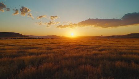 A wide shot of the sun setting over an expansive wheat field, casting long shadows and creating a serene atmosphere. The golden hues of the sunset cast vibrant colors across the landscape, with clouds gently rolling in the sky above. In the distance, distant hills add to the sense of grandeur. High-resolution photography, in the style of Canon EOS-1D X Mark III. --ar 53:30 --v 6.1 Job ID: 11d5d666-1b25-41cb-9866-41180216e0b5の素材