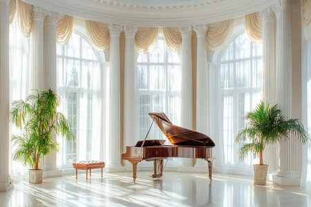Beautiful white columns in the interior of an elegant living room with a piano and arched windows, creating a luxurious atmosphere. --ar 3:2 --v 6.1 Job ID: 7eefa786-58aa-4d0d-87f8-0def05d0e7a5の素材
