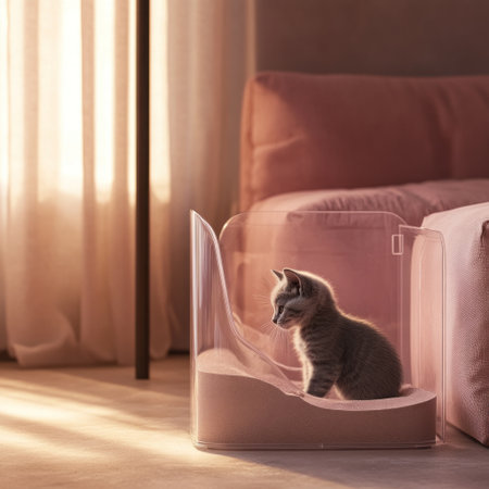 A cat litter box made of transparent acrylic material, with an elegant and minimalist design that features modern lines and rounded edges. The product is placed on the floor in front of it, accompanied by soft lighting from above to highlight its texture. A gray kitten sits inside the sandbox, adding vitality to the scene. In the background, there's a pink sofa, creating a warm atmosphere. --v 6.1 Job ID: c10c25ad-15e4-4ed6-a343-57c8d327f891の素材