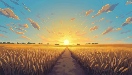 A wide shot of the sun setting over an expansive wheat field, casting long shadows and creating a picturesque scene. The golden hues of the sunset create a warm atmosphere in contrast to the cool blue sky with scattered clouds. In sharp focus at the center is the vast expanse of grain ready for harvest. --ar 53:30 --v 6.1 Job ID: c98e6aa8-1040-4be4-b620-14f9c3d05e69の素材