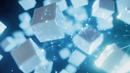 3D rendering of white cubes on a blue background with glowing light effects, creating an abstract and futuristic design. The composition includes elements like translucent squares and connections between blocks forming geometric shapes. This concept symbolizes the idea that blockchain technology creates transparent networks for digital data exchange. --ar 53:30 --v 6.1 Job ID: 0adf67a3-ca40-44e1-9b8b-b97120f15631の素材
