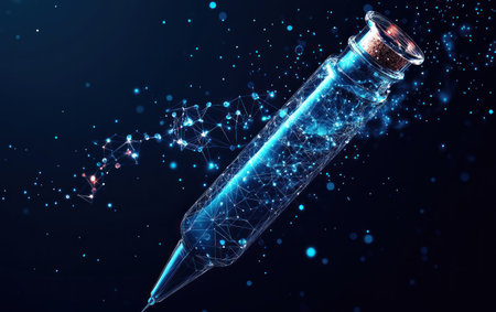 Abstract blue geometric background with biotechnology, science, and research concepts. A test tube and pen or brush for data collection in the laboratory on a dark black background. AI technology and the Big Bang in space. Low-poly wireframe vector illustration. --ar 8:5 --v 6.1 Job ID: 14905a62-6f1e-4a54-8708-6bd124d72037の素材