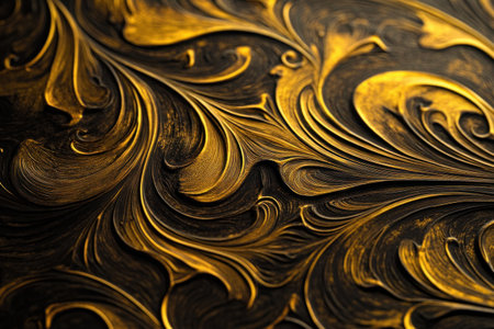 A detailed close-up of swirling patterns in liquid gold and dark brown, resembling the texture found on marble surfaces. The intricate details showcase how these colors can create a sense of depth within an abstract composition. --ar 3:2 --v 6.1 Job ID: 2183fe10-033c-42f8-9332-7293b55eb892の素材