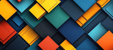 Abstract background with simple lines and colorful blocks, simple shapes, a palette of blue, green, orange, yellow, red, and black, in the style of digital art. --ar 34:15 --v 6.1 Job ID: 34130727-ecd1-4d5c-a4e8-eb86a7e527e4の素材