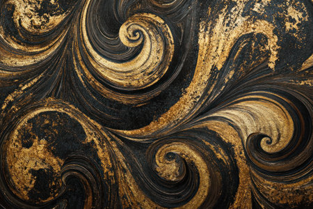 A detailed close-up of swirling patterns in liquid gold and dark brown, resembling the texture found on marble surfaces. The intricate details showcase how these colors can create a sense of depth within an abstract composition. --ar 3:2 --v 6.1 Job ID: 2183fe10-033c-42f8-9332-7293b55eb892の素材