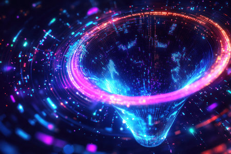 A glowing blue and purple funnel with holographic circles around it, surrounded by digital data streams against an abstract dark background. The image is in high resolution, with detailed textures on the glass surface of the buckets and sparkling lights from the particles surrounding them. It has an atmosphere of futuristic technology and innovation, perfect for advertising or social media content. --ar 3:2 --v 6.1 Job ID: 9c2766a4-8f36-41c4-bcee-e460225e9ffbの素材