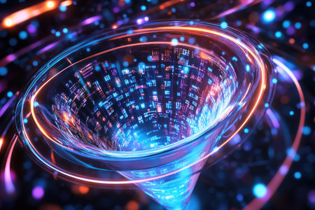 A futuristic glass funnel with holographic digital data flowing inside, surrounded by glowing light rings on an abstract dark background. The scene is illuminated with vibrant blue and purple lights, creating a dynamic atmosphere of innovation in the tech industry. Digital illustration. --ar 3:2 --v 6.1 Job ID: 43255da9-5b79-448b-8a6f-0271b800340dの素材