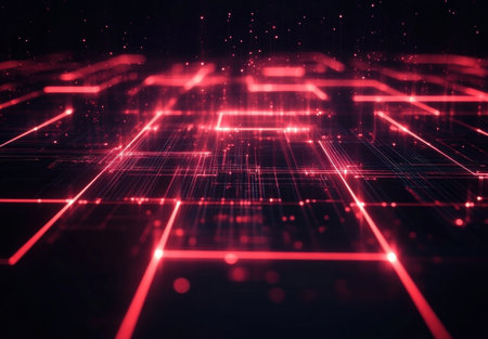 Red glowing lines on a black background, forming a diagonal pattern. Abstract technology banner template with copy space for your design and text. --ar 22:15 --v 6.1 Job ID: 45943edb-274b-432b-a74e-5594c8f48bc7の素材