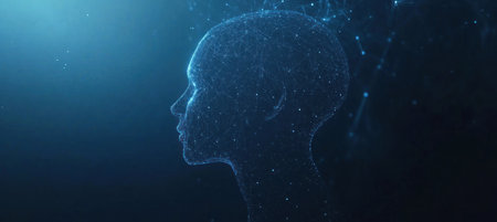 Abstract human head silhouette made of geometric shapes and lines on a dark blue background with glowing dots, an artificial intelligence concept. --ar 67:30 --v 6.1 Job ID: a6da8a4a-ba74-4f34-ab3c-07b40726fc25の素材
