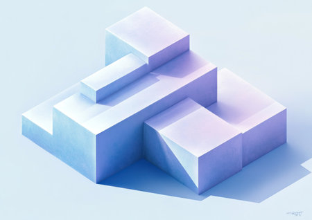 Minimalist isometric scene with blue and purple cubes, one large cube on the left leaning against two smaller ones to form an angle in the right corner of the composition, all cubes placed symmetrically, soft lighting casting gentle shadows, background in a light blue color, creating a clean and modern aesthetic, emphasizing geometric shapes and simplicity, high resolution, detailed textures of the blocks. --ar 7:5 --v 6.1 Job ID: 4c9d9f19-329c-4eb0-bfc3-57cee4fdb651の素材