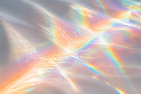 A close-up of an iridescent, holographic rainbow prism light effect on a white background, reflecting and refracting sunlight into a spectrum of colors. The light is scattered in delicate patterns across the surface, creating intricate reflections that give depth to the composition. Soft lighting creates gentle shadows, adding texture and detail to each color. This artistic representation captures the beauty and complexity of nature's prismatic effects. --ar 3:2 --v 6.1 Job ID: 907fcfe1-ea39-4d91-af4a-1165d7c91937の素材