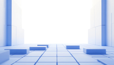 3D rendering of a blue abstract background with cubes and blocks in perspective, in a white color. The background is suitable for a business presentation or design poster, banner, or book cover on the themes of technology, science, innovation, digitalization, and data protection. The concept is futuristic, modern, and high-tech. High resolution, sharp focus. --ar 53:30 --v 6.1 Job ID: 703e9917-ad18-47ec-85ae-03cd161a821dの素材