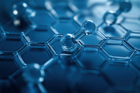 Abstract background with hexagons and a chemical structure on a blue gradient, a technology or science concept. --ar 3:2 --v 6.1 Job ID: 791be671-60c9-40ba-8e81-c15dc4eac61cの素材