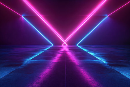 Dark background, glowing lines in the center of an X-shaped light strip, blue and purple colors, light rays on a dark floor, high-tech style, minimalist design, a perspective view, high resolution, detailed details, and a futuristic atmosphere. --ar 3:2 --v 6.1 Job ID: 3a6c6b30-2455-4669-86af-10148798a541の素材
