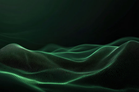 Abstract green wavy background with digital dots, gradient, dark black color in the middle, dark green on the top and bottom, minimalistic, simple, dark background, empty space for text, 3D render, hyper-realistic. --ar 3:2 --v 6.1 Job ID: ff140ba1-47f1-4833-bf9d-f87ea6d3b3f1の素材