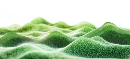Abstract green mountain landscape made of glowing dots on a white background, a 3D rendering illustration. Big data visualization concept with digital waves and lines in black color. Green abstract hills with glowing point clouds. --ar 11:5 --v 6.1 Job ID: dabe29b2-cf2c-4d59-8962-192b4c0d76f5の素材