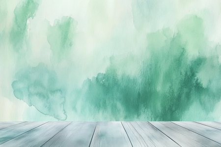 Light blue background with a wooden floor, an empty space for product display or a montage of your products. Light green watercolor pastel-colored wall and wooden table surface, with a copy text area. Background template design concept. High-quality photo. --ar 3:2 --v 6.1 Job ID: 7be54240-b76f-483f-b9f5-0e70e2103d6bの素材
