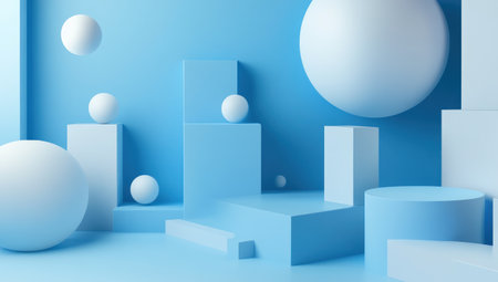 Abstract background with blue cubes and spheres, a 3D rendering illustration of geometric shapes in different sizes and shades of white on the right side of the picture. The composition creates an atmosphere of modernity and technology. Abstract background with blue cubes and spheres, a 2D vector design. Background with copy space for text or logo. Blue 3D render illustration of geometric shapes in various sizes and shades of white on the right side of the picture. --ar 53:30 --v 6.1 Job ID: 6bc664d6-a471-4534-9862-72b048e3bb4bの素材