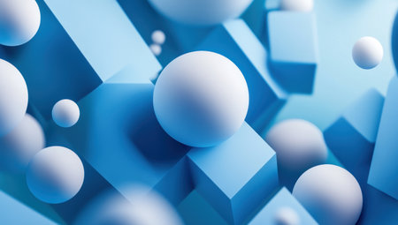 Abstract background with blue cubes and spheres, a 3D rendering illustration of geometric shapes in different sizes and shades of white on the right side of the picture. The composition creates an atmosphere of modernity and technology. Abstract background with blue cubes and spheres, a 2D vector design. Background with copy space for text or logo. Blue 3D render illustration of geometric shapes in various sizes and shades of white on the right side of the picture. --ar 53:30 --v 6.1 Job ID: 2331f4d1-60f4-46cc-99ae-cfd136de1582の素材