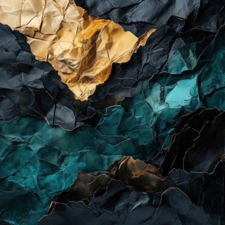 An abstract background with dark teal, black, and gold colors. The surface is covered in crumpled paper that resembles mountainous terrain. --v 6.1 Job ID: 1012468c-c496-4879-b0a0-52b2744b797fの素材