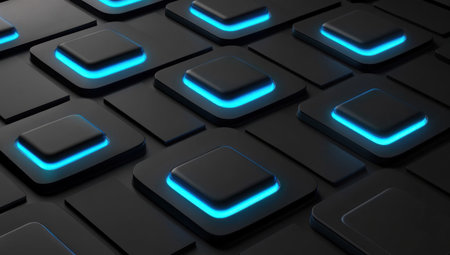 Abstract background with black squares and blue neon lights. Digital technology concept, futuristic design. Black box pattern background with glowing light square frame border on a dark grey backdrop. --ar 53:30 --v 6.1 Job ID: e100fbaf-8f2c-4825-b4b4-a34c9f4bae4aの素材