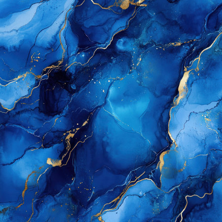Abstract Blue and Gold Painting, abstract art, fluid shapes, fluid texture, fluid background, blue marble pattern with gold accents, blue watercolor, dark blue and white color palette, soft lighting, beautiful watercolor painting style, dreamy atmosphere, soft edges and blurred details, flowing lines, watercolor paper, deep blue background, high resolution, hyperrealistic --v 6.1 Job ID: 3bdae06d-cccc-469e-9386-dedf8a245b7aの素材