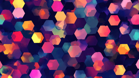 A seamless pattern with holographic hexagons, their colors shifting and shimmering in the light, creating an ethereal atmosphere on a dark purple background. Vector illustration in the style of Grzegorz Domaradzki, Behance HD. Cinematic lighting. --chaos 30 --ar 16:9 --v 6.1 Job ID: 7956ebf7-841c-4ef5-91f2-ee52526e5f11の素材