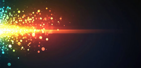 A horizontal vector line with glowing dots, with an empty space on the right side. The background is dark and black. There should be some light coming from behind it. It's for use as a banner or header design element in digital marketing or advertising. The lines have different colors of reds, oranges, yellows, greens, blues, purples, and white, with varying sizes to create depth and dimension. This could symbolize speed, technology, modernity, innovation, focus, and attention-grabbing images. --ar 31:15 --v 6.1 Job ID: 25061e41-c582-4748-bf37-f4ed14f51701の素材