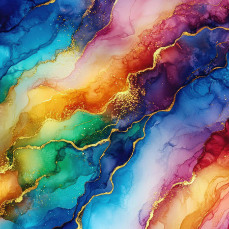 Alcohol ink painting of rainbow-colored, flowing clouds with golden veins, detailed texture, and a realistic color palette. The background features swirling patterns in vibrant colors, presented in high resolution. --v 6.1 Job ID: 5ff7c0c1-65b5-428f-a09a-f031858fb356の素材