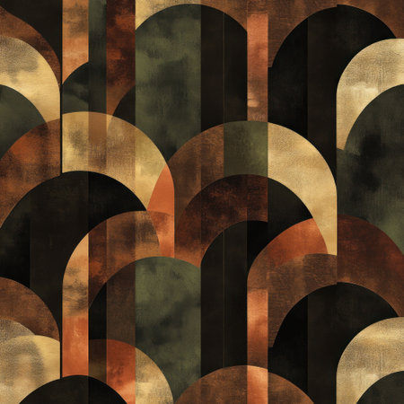 A seamless pattern with gold foil geometric shapes, their surfaces reflective and mesmerizing. Art Deco meets Modern Luxury in this minimalist design with a metallic sheen. The design incorporates rosewood brown and dark olive green, with the use of photorealistic techniques. --v 6.1 Job ID: 3150da99-ff3d-4aa1-8cf2-30e506340d9fの素材